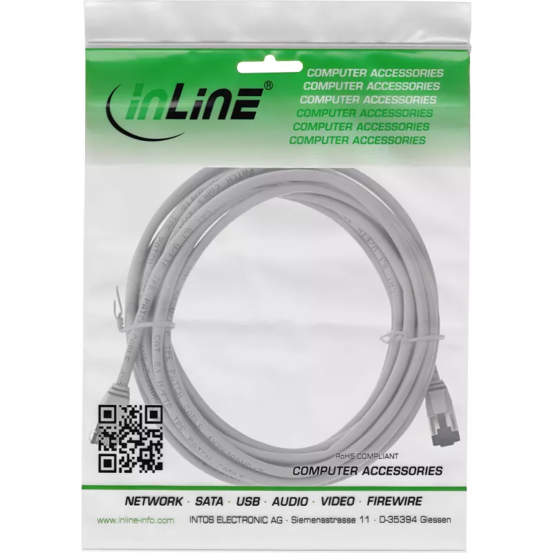 InLine Patch laidas plonas, U/FTP, Cat.8.1, TPE be halogenų, pilkas 10m