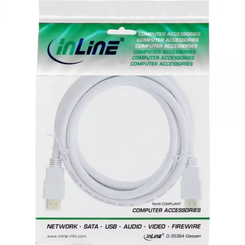 InLine High Speed HDMI laidas su Ethernet, M/M, baltas, auksuoti kontaktai, 2m
