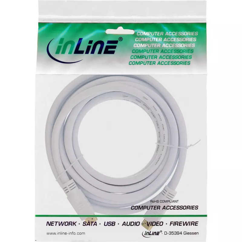 InLine High Speed HDMI laidas su Ethernet, M/M, baltas, auksuoti kontaktai, 7,5 m