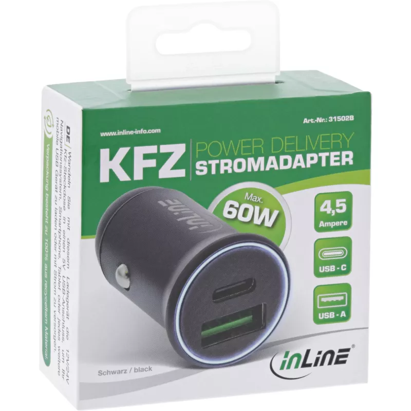 InLine 31502B automobilinis USB įkroviklis su USB-A ir USB-C jungtimis, juodas