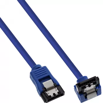 InLine SATA 6Gb/s apvalus kabelis mėlynas, 90° kampu, su fiksatoriais, 0,3 m