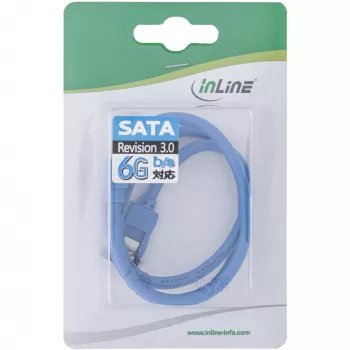 InLine SATA 6Gb/s apvalus kabelis mėlynas, 90° kampu, su fiksatoriais, 0,3 m