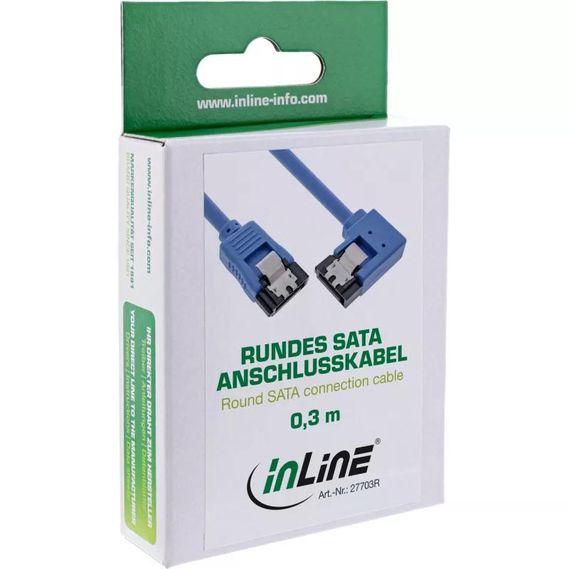 InLine SATA 6Gb/s apvalus laidas, vienoje pusėje 90° kampinis, su fiksatoriais, 0,3 m