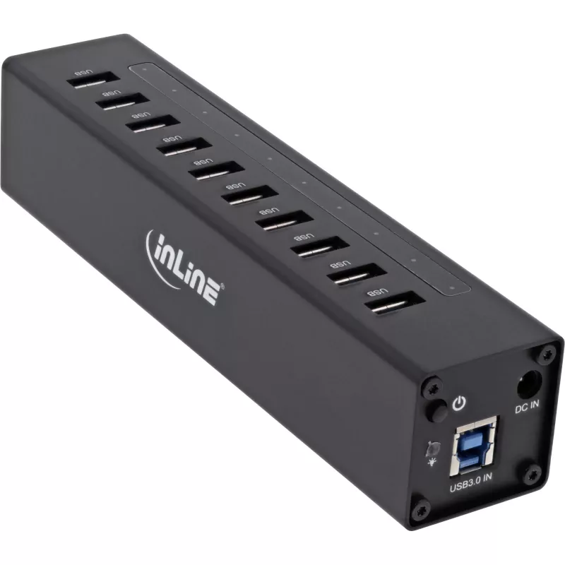 InLine USB 3.0 10 prievadų šakotuvas aliumininiame korpuse su 4A maitinimo šaltiniu, juodas