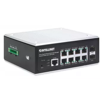 Intellinet Industrial 8-Port Gigabit Ethernet PoE+ L2+ valdomas jungiklis su 2 SFP prievadais, IP30, 240 W