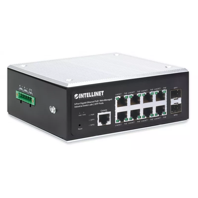 Intellinet Industrial 8-Port Gigabit Ethernet PoE+ L2+ valdomas jungiklis su 2 SFP prievadais, IP30, 240 W