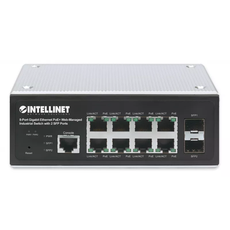 Intellinet Industrial 8-Port Gigabit Ethernet PoE+ L2+ valdomas jungiklis su 2 SFP prievadais, IP30, 240 W