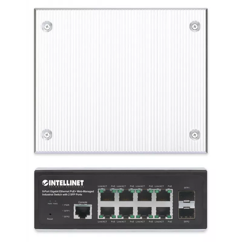 Intellinet Industrial 8-Port Gigabit Ethernet PoE+ L2+ valdomas jungiklis su 2 SFP prievadais, IP30, 240 W