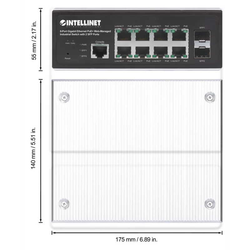 Intellinet Industrial 8-Port Gigabit Ethernet PoE+ L2+ valdomas jungiklis su 2 SFP prievadais, IP30, 240 W
