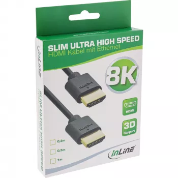 InLine Slim Ultra High Speed HDMI kabelis M/M 8K4K, auksuotas, juodas, 1 m