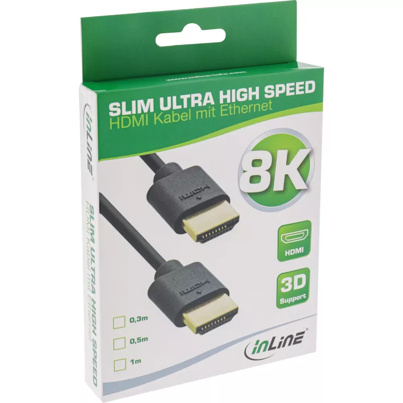 InLine Slim Ultra Aukštos Spartos HDMI Laidas M/M 8K4K, auksuoti kontaktai, juodas, 0,5 m
