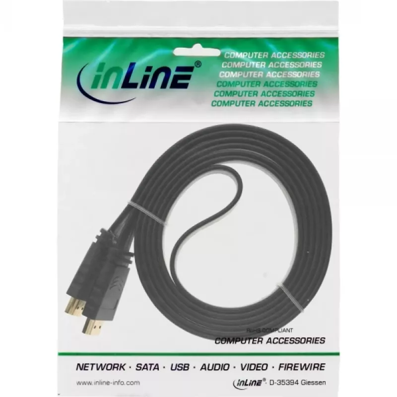 InLine HDMI plokščiasis laidas, High Speed su Ethernet, auksuoti kontaktai, juodas, 2 m