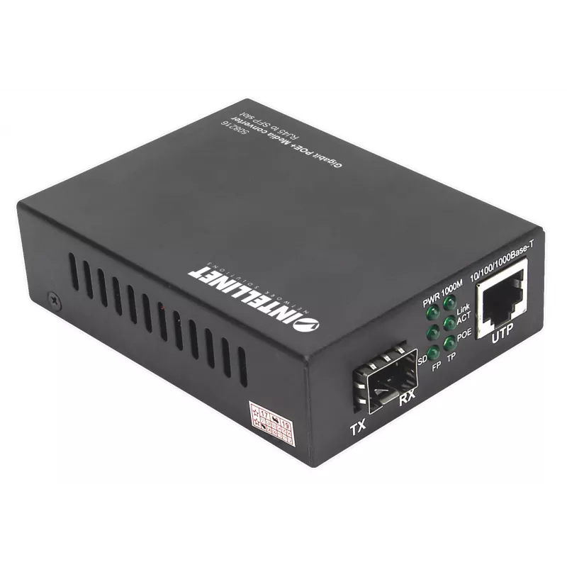 Intellinet Gigabit PoE+ medijos keitiklis, 1 x 1000Base-T RJ45 prievadas į 1 x SFP prievadą, PoE+ injektorius