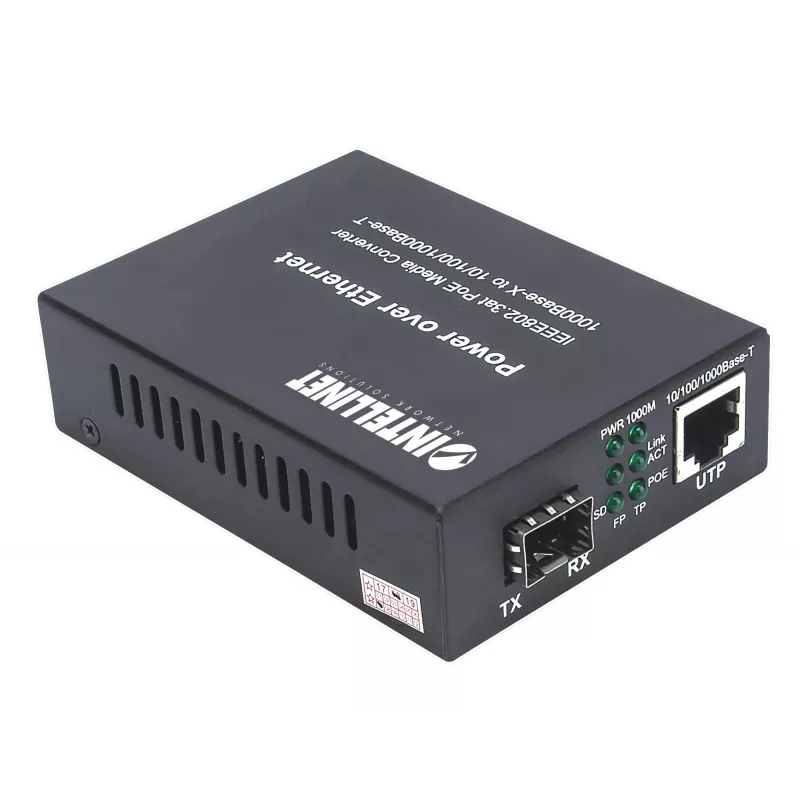 Intellinet Gigabit PoE+ medijos keitiklis, 1 x 1000Base-T RJ45 prievadas į 1 x SFP prievadą, PoE+ injektorius