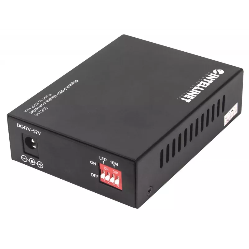 Intellinet Gigabit PoE+ medijos keitiklis, 1 x 1000Base-T RJ45 prievadas į 1 x SFP prievadą, PoE+ injektorius
