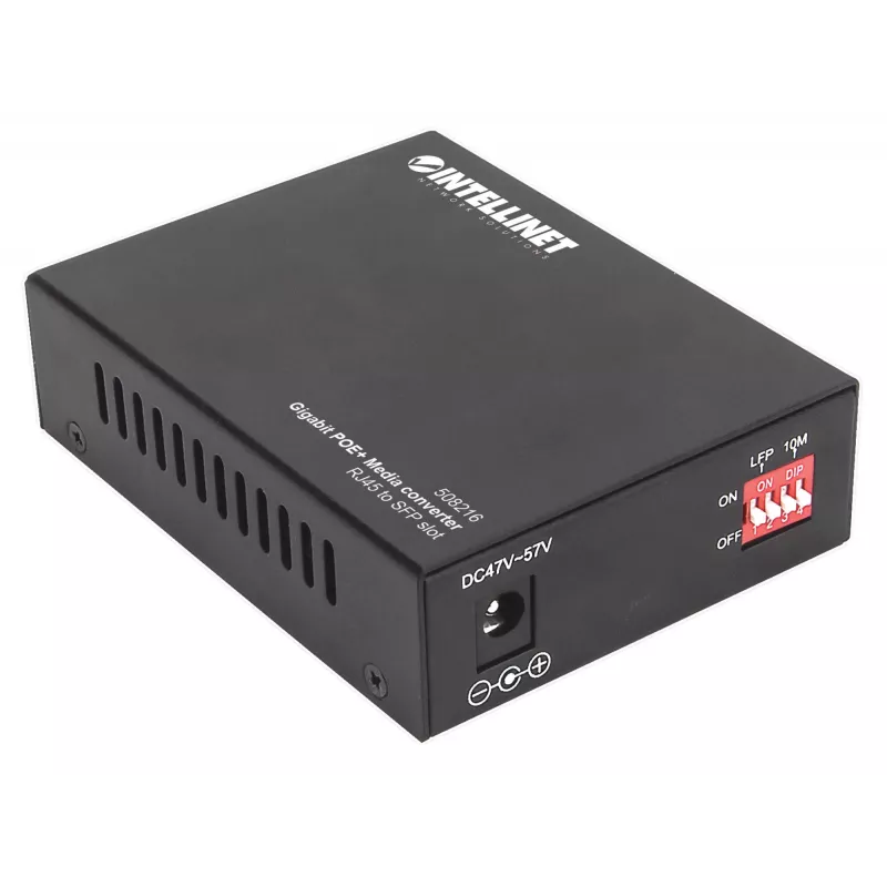 Intellinet Gigabit PoE+ medijos keitiklis, 1 x 1000Base-T RJ45 prievadas į 1 x SFP prievadą, PoE+ injektorius