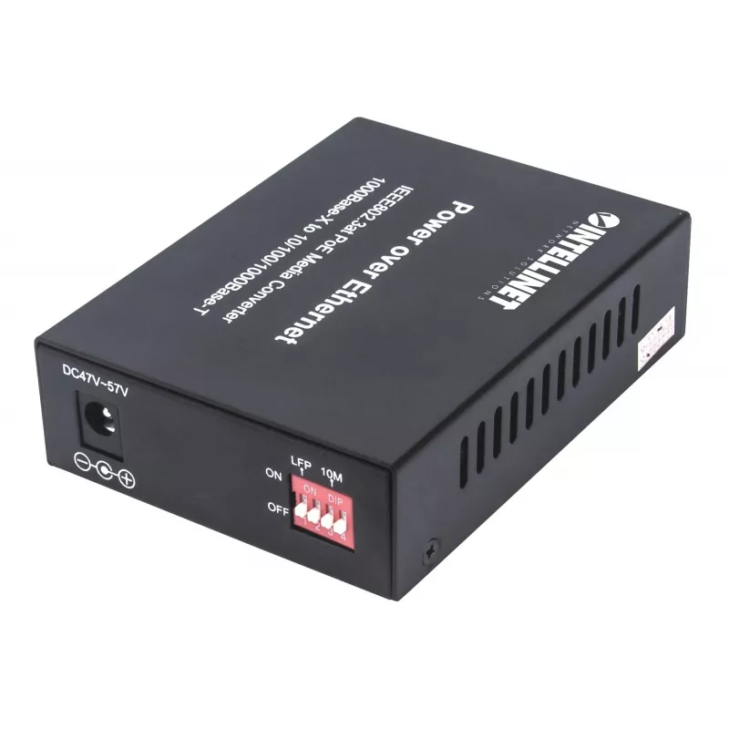 Intellinet Gigabit PoE+ medijos keitiklis, 1 x 1000Base-T RJ45 prievadas į 1 x SFP prievadą, PoE+ injektorius