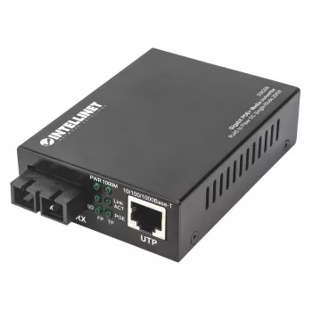 Intellinet Gigabit PoE+ medijos keitiklis, 1000Base-T RJ45 prievadas į 1000Base-LX (SC) vienmodį, 20 km, PoE+ injektorius