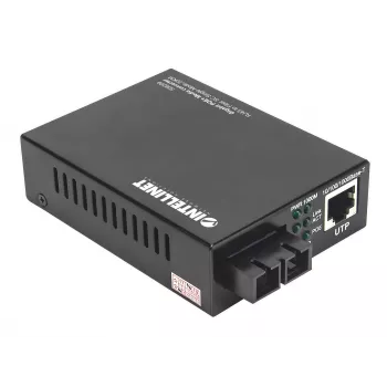 Intellinet Gigabit PoE+ medijos keitiklis, 1000Base-T RJ45 prievadas į 1000Base-LX (SC) vienmodį, 20 km, PoE+ injektorius