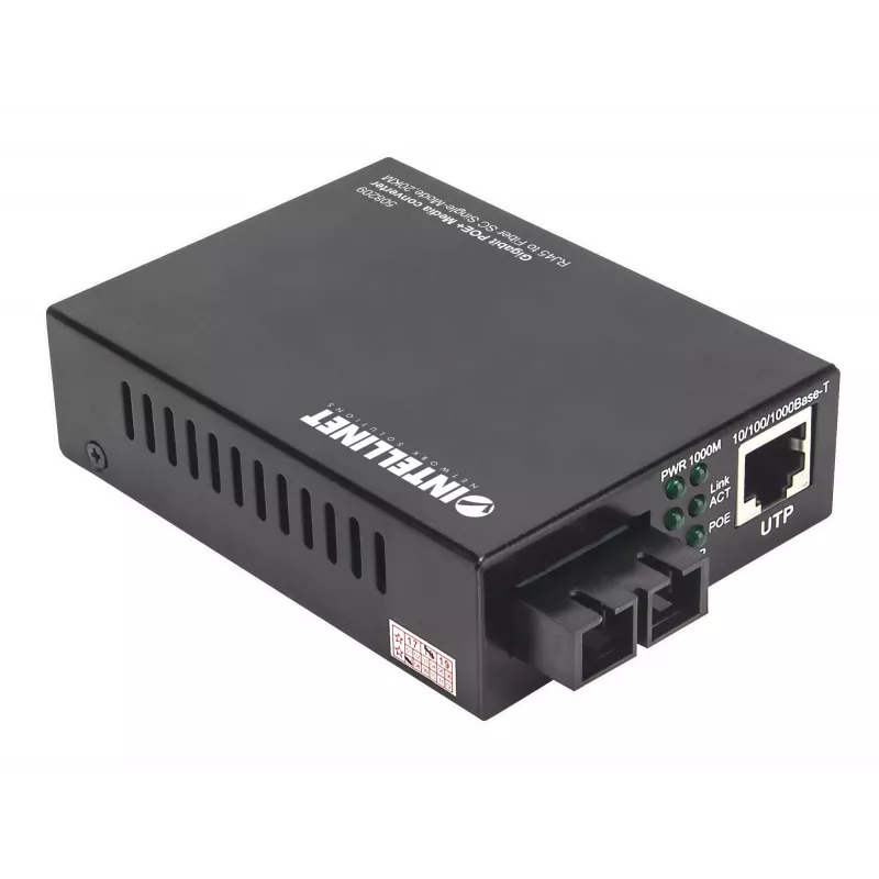 Intellinet Gigabit PoE+ medijos keitiklis, 1000Base-T RJ45 prievadas į 1000Base-LX (SC) vienmodį, 20 km, PoE+ injektorius