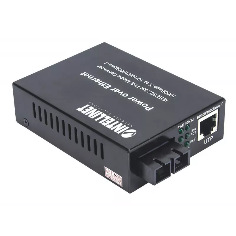 Intellinet Gigabit PoE+ medijos keitiklis, 1000Base-T RJ45 prievadas į 1000Base-LX (SC) vienmodį, 20 km, PoE+ injektorius