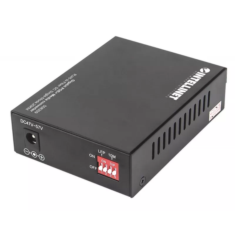 Intellinet Gigabit PoE+ medijos keitiklis, 1000Base-T RJ45 prievadas į 1000Base-LX (SC) vienmodį, 20 km, PoE+ injektorius