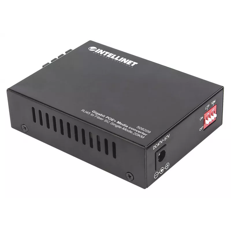 Intellinet Gigabit PoE+ medijos keitiklis, 1000Base-T RJ45 prievadas į 1000Base-LX (SC) vienmodį, 20 km, PoE+ injektorius