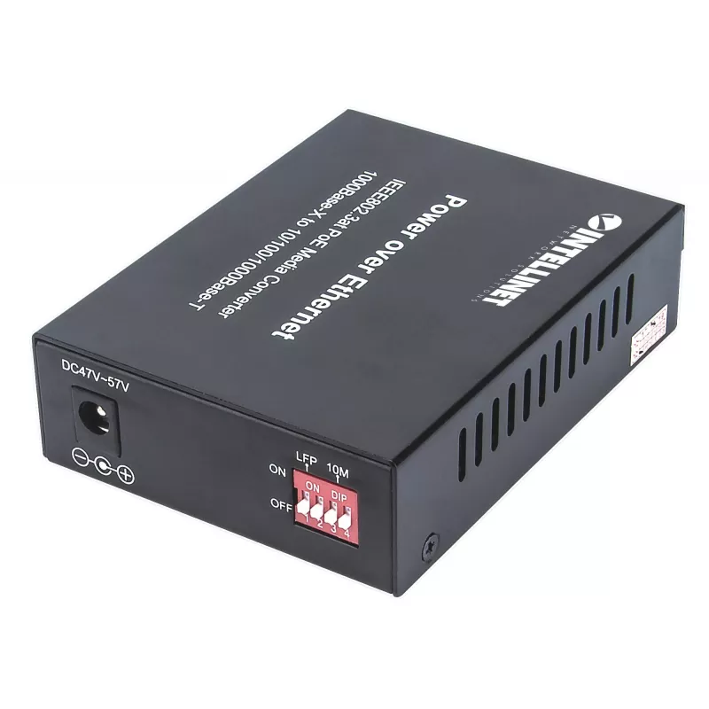 Intellinet Gigabit PoE+ medijos keitiklis, 1000Base-T RJ45 prievadas į 1000Base-LX (SC) vienmodį, 20 km, PoE+ injektorius