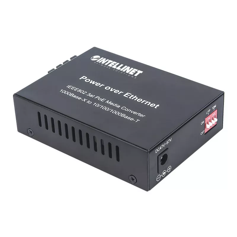 Intellinet Gigabit PoE+ medijos keitiklis, 1000Base-T RJ45 prievadas į 1000Base-LX (SC) vienmodį, 20 km, PoE+ injektorius