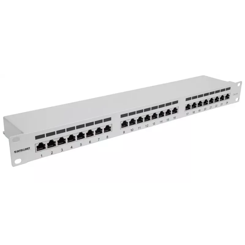 Intellinet skydinis pataisymo skydas, Cat6a, FTP, 24 prievadai, 1U, ekranuotas, 90° viršutinis lizdas, pilka