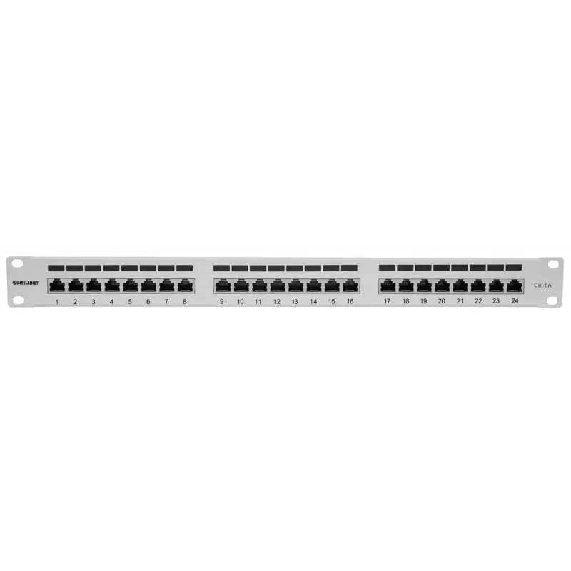 Intellinet skydinis pataisymo skydas, Cat6a, FTP, 24 prievadai, 1U, ekranuotas, 90° viršutinis lizdas, pilka