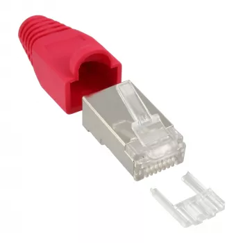 InLine Crimp Connector RJ45 8P8C ekranuotas su vielos įvedikliu ir lenkimo apsauga, raudonas
