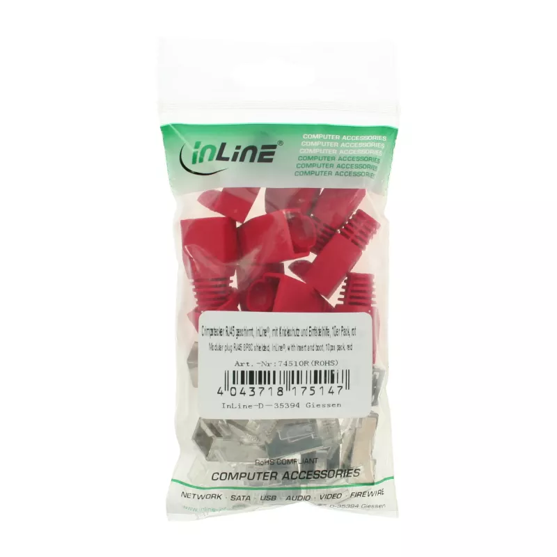 InLine Crimp Connector RJ45 8P8C ekranuotas su vielos įvedikliu ir lenkimo apsauga, raudonas
