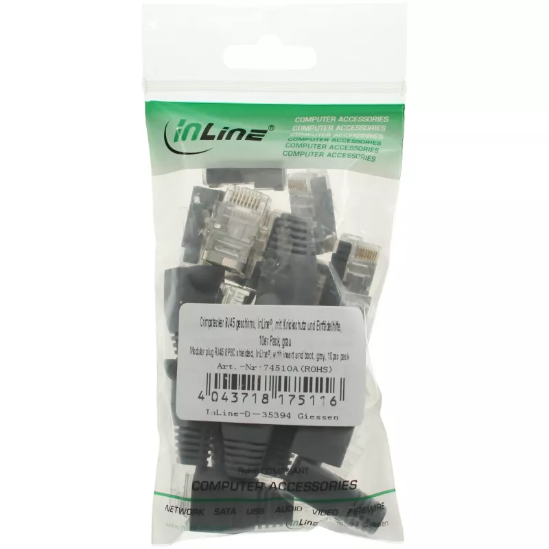 InLine RJ45 8P8C ekranuotas gofruotas lizdas su laidų kreiptuvu ir lenkimo apsauga, pilkas