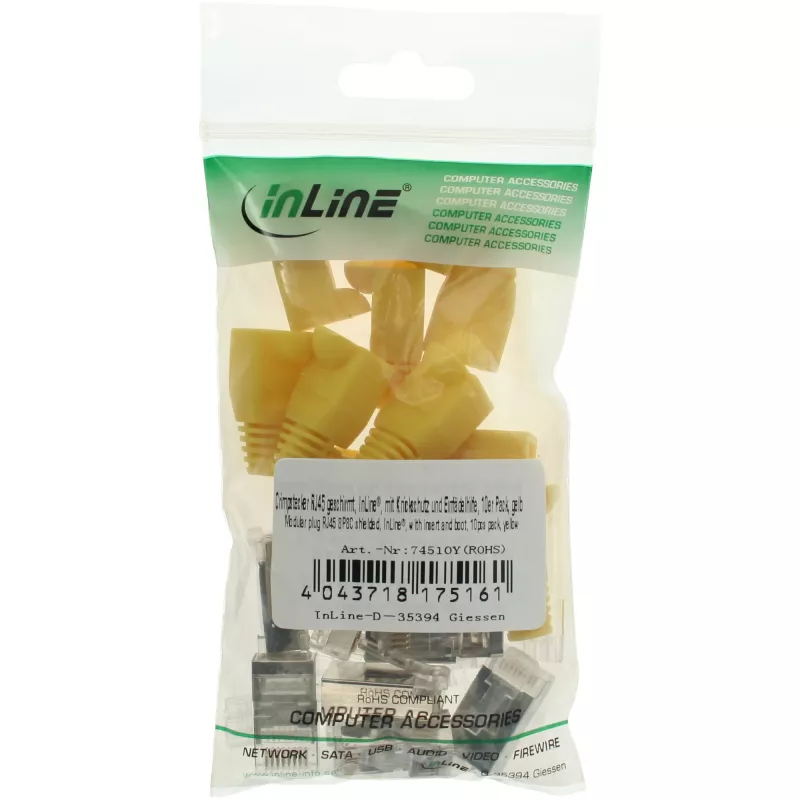 InLine RJ45 8P8C ekranuota jungtis su laidų vedliu ir apsauga nuo lenkimo, geltona