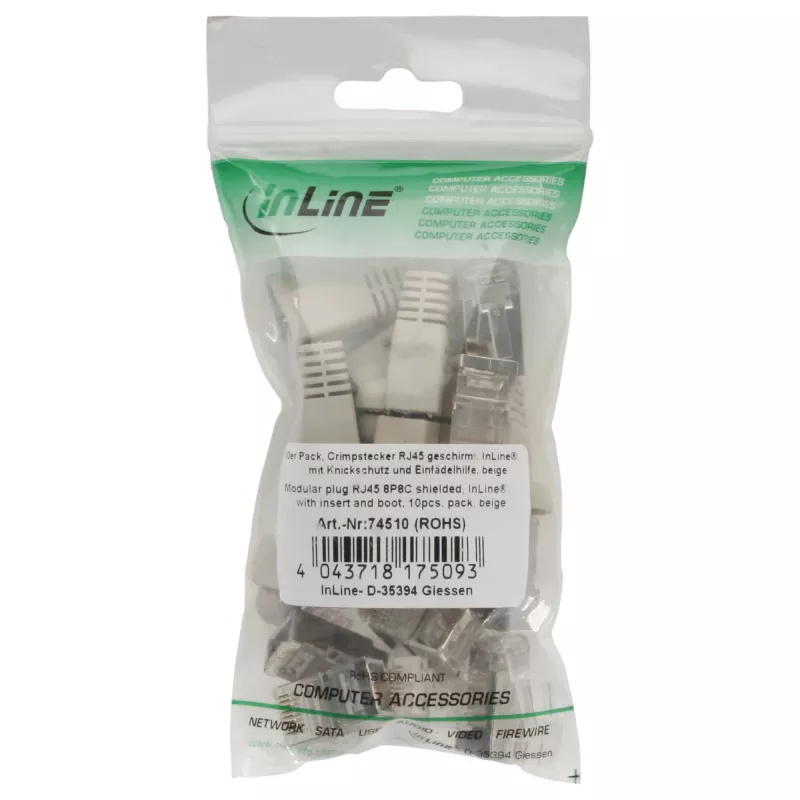 InLine RJ45 8P8C ekranuotas crimp jungtis su sriegikliu ir apsauga nuo lenkimo, smėlio spalvos