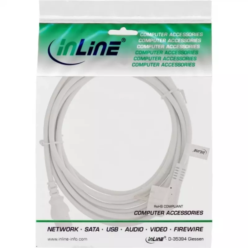 InLine maitinimo laidas, CEE 7/7 kampuotas / 3 kontaktų IEC C13 kištukas, baltas, 5 m