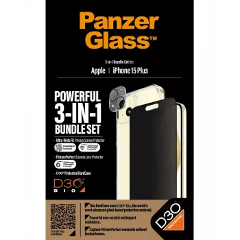 PanzerGlass Privacy 3-in-1 komplektas iPhone 15 Plus – grūdintas stiklas, objektyvo apsauga ir dėklas