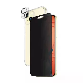 PanzerGlass Privacy 3-in-1 komplektas iPhone 15 Plus – grūdintas stiklas, objektyvo apsauga ir dėklas