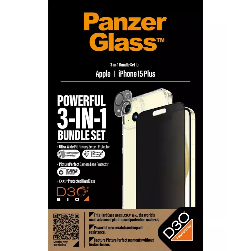 PanzerGlass 3-in-1 Pack iPhone 15 Plus Smūgiams Atsparus Grūdintas Stiklas