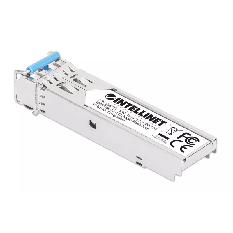Intellinet 508735 Gigabit SFP šviesolaidinis siųstuvo-imtuvo modulis 1000Base-LX, LC Duplex Single-Mode, 10 km, 1310 nm, suderinamas su HPE J4859A