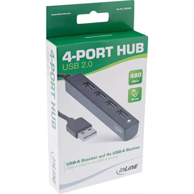 InLine USB 2.0 4 prievadų šakotuvas, USB-A kištukas į 4x USB-A lizdus, kabelis 15 cm