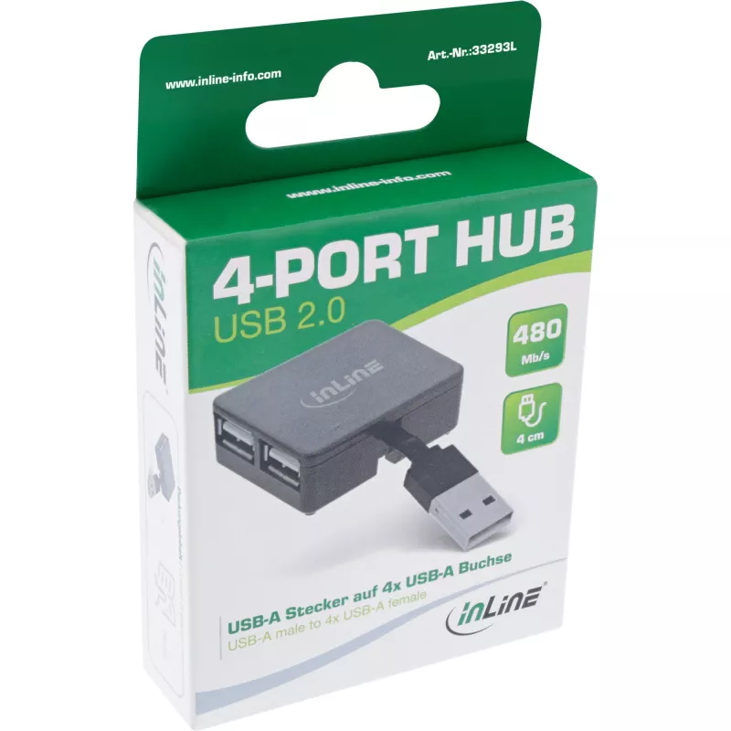 InLine USB 2.0 4 prievadų šakotuvas, USB-A kištukas į 4x USB-A lizdą, kabelis 4 cm