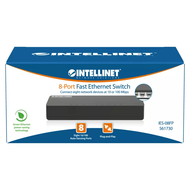 Intellinet 561730 8 prievadų Fast Ethernet tinklo jungiklis, plastikinis, IEEE 802.3az (Energy Efficient Ethernet), juodas