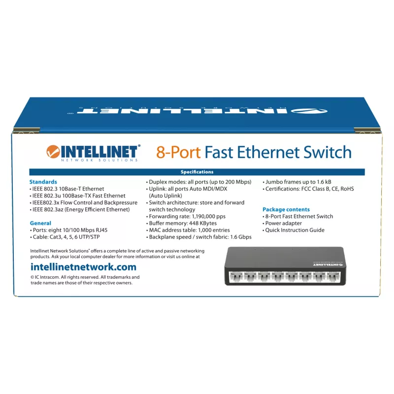 Intellinet 561730 8 prievadų Fast Ethernet tinklo jungiklis, plastikinis, IEEE 802.3az (Energy Efficient Ethernet), juodas