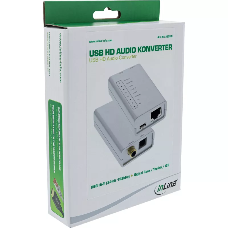 USB HD garso adapteris InLine 33053I 24 bit 192 kHz skaitmeninis koaksialinis / Toslink / I2S keitiklis