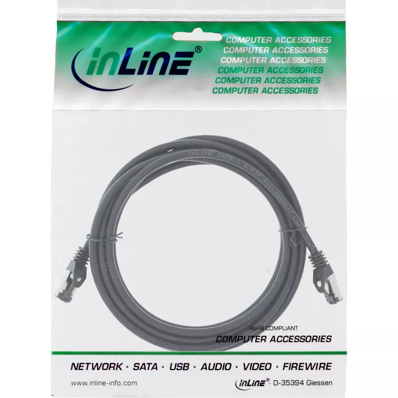 InLine Patch Laidas S/FTP PiMF Cat.8.1 halogen free 2000MHz juodas, 2m