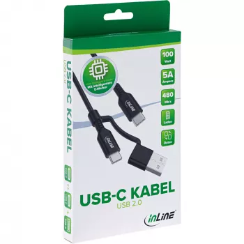 InLine 2-in-1 USB-C laidas + USB-A adapteris, USB 2.0, 100W, TPE, juodas, 1m