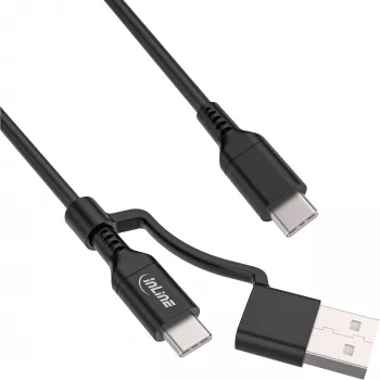 InLine 2-in-1 USB-C laidas + USB-A adapteris, USB 2.0, 100W, TPE, juoda, 2m