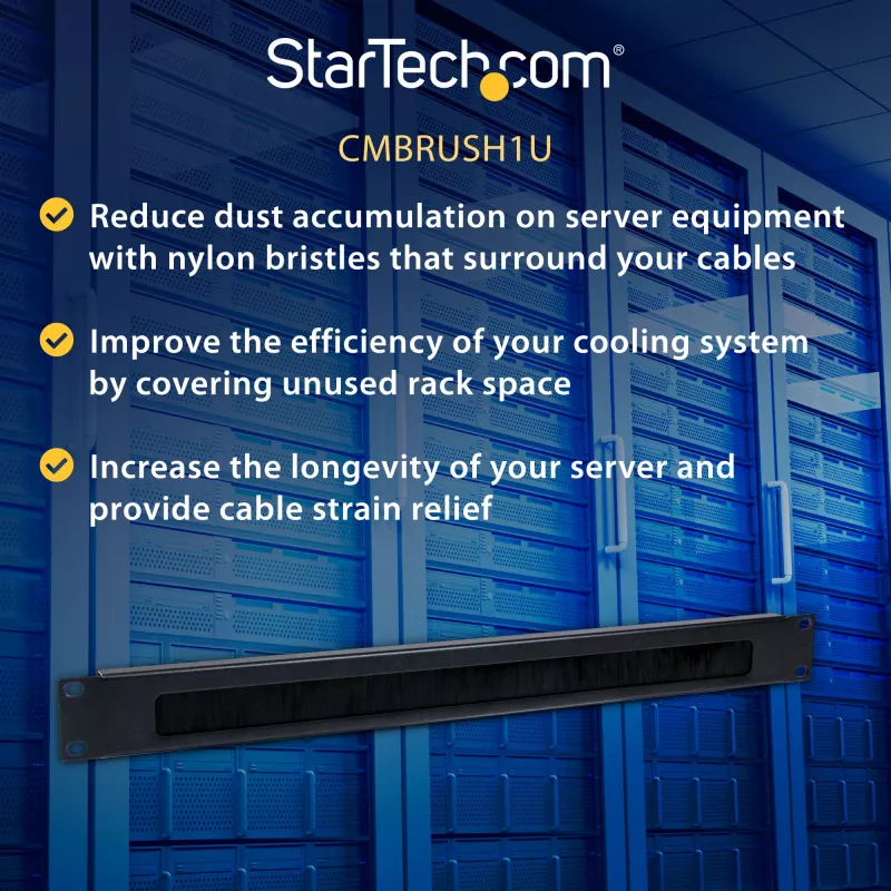 StarTech.com CMBRUSH1U 1U šepetinis kabelių tvarkymo skydelis, tankūs nailono šereliai, plieninis horizontalus duomenų centro kabelių organizatorius